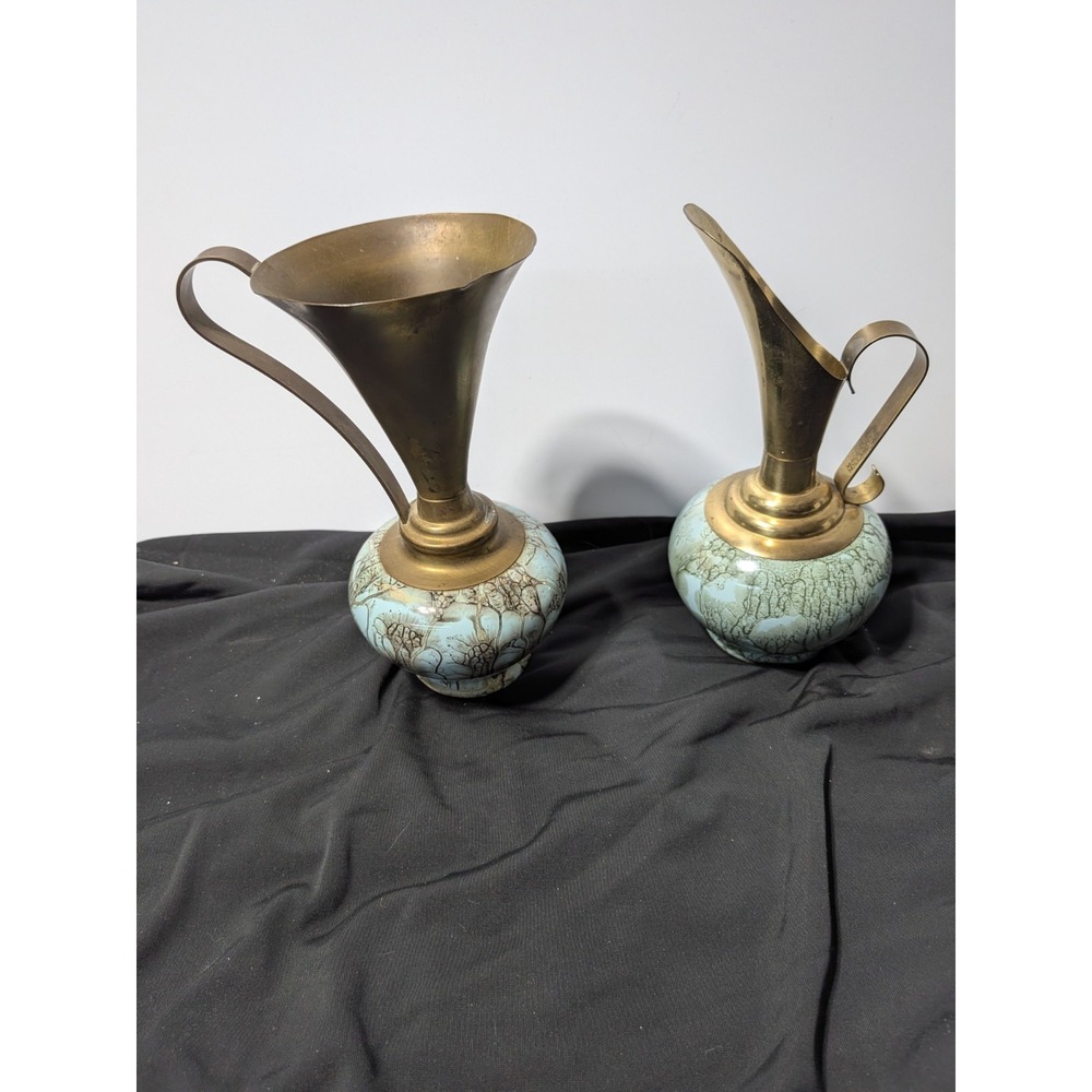 Vintage Holland Gouda Pottery Brass Pitchers Vases Pair